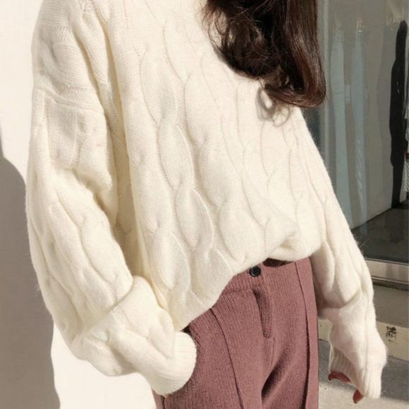 Cable-knit Pullover Sweater | Oversized Top Blouse School Office Fall/Winter - Picture 4 of 6